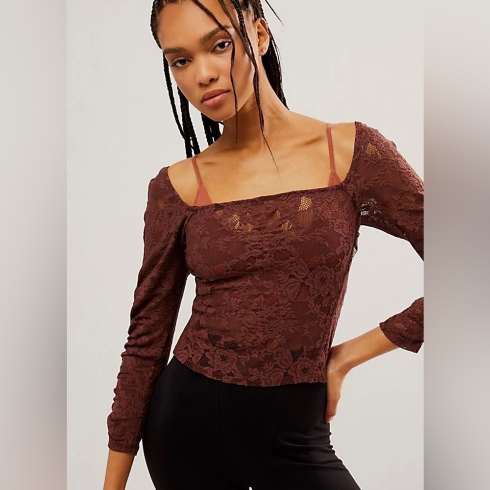NWOT Free People Brown In Rotation Sheer Lace Layering Ruched Top Small